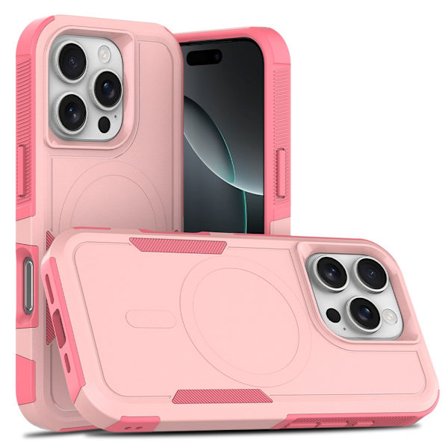 Kompatibel med iPhone 16 Pro, magnetisk etui med polstrede hjørner, brudsikker, lyserød.