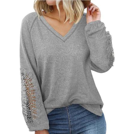 Dam V-ringad T-shirt Enfärgad Pullover Långärmad Blus