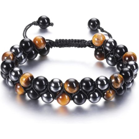 Herr Svart Obsidian Tigeröga Hematit Sten Kristall Chakra Pärlor Ångest Dubbla Lager Armband Gåvor till Honom Pojkvän Make