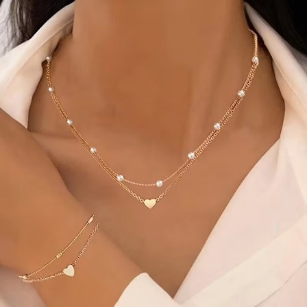 Dette perlearmbånd- og halskjedesettet med hjerteform er perfekt for hverdagsbruk, gaver og pendling.