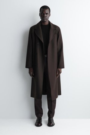 COS Men's Belted Wool-Blend Slim Trousers in Brown