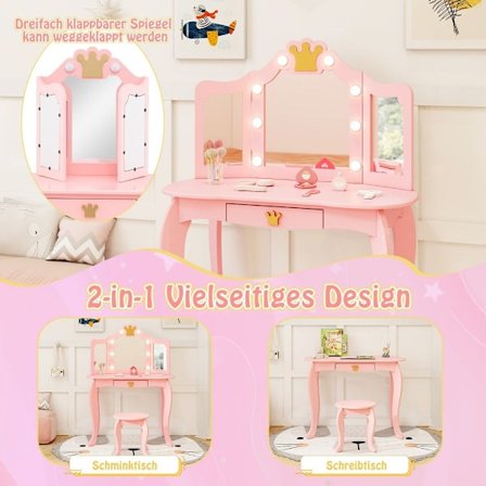 Sminkebord til børn med belysning, sminkebord til piger med trefoldet spejl, pink