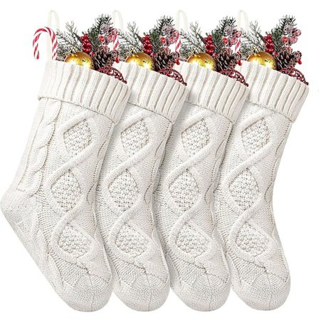 4 Pack Christmas Stockings, 14 Inches Cable Knitted Stocking Gifts & Decoration For Family Holiday Xmas Party Decor, Ivory White And Burgundy