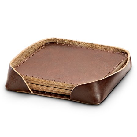 Leather Coasters and Holder x4 | Brown & Square for Men - Gifts for brothers
