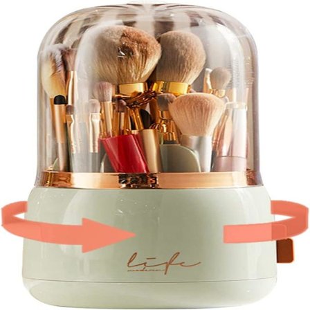Makeupbørsteholder med låg, 360° roterende støvtæt makeupbørsteorganisator, kosmetikopbevaring til toiletbord og badeværelse