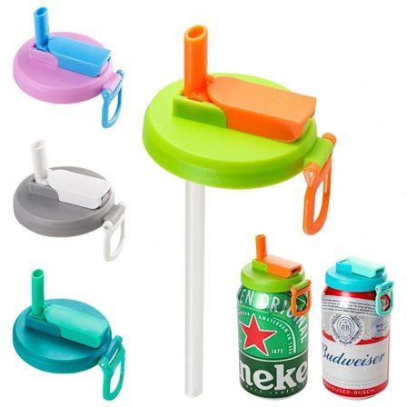 1 genanvendeligt låg til sodavandsdåser med silikonestrå til drikkevarer/øl på dåse grå