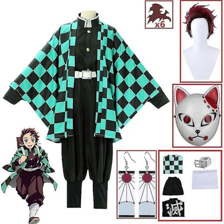 Demon Slayer Kimono Kamado Tanjirou Cosplay-asu Halloween Anime Uniform Set Aikuisille ja Lapsille V 9 osaa