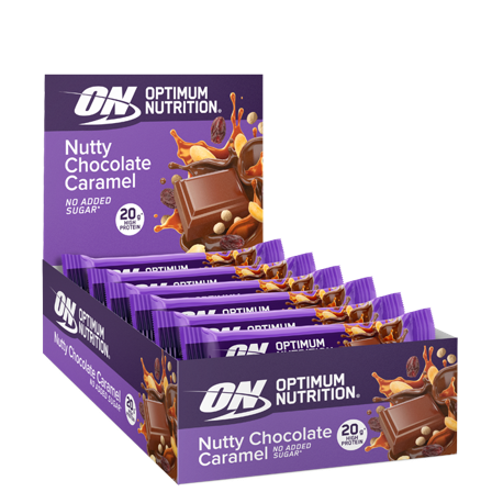 Proteinbars Optimum Nutrition 10 x Optimum Proteinbarer 65-70 g, Nutty Chocolate Caramel - Bodyman.dk