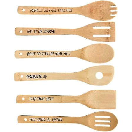 Hauska puulusikkasetti, 6 kpl puisia keittolusikoita, kaiverrettu puinen kahvilusikka hauskoilla sanonnoilla, personoidut puulusikat
