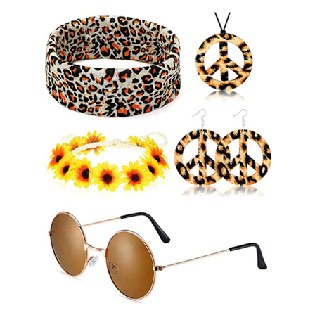 2023 Nytt Bästa 5-delars Hippie Kostymtillbehör för Kvinnor, 60-tal 70-tal Fancy Dress Hippy Set Nytt (FMY)