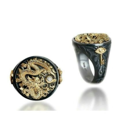 Guld Sort Ring Guld Drage Med CZ Sten