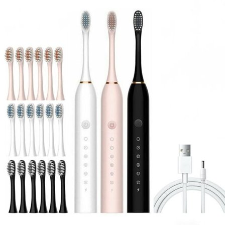Elektrisk Sonic Tandbørste Genopladelig 5 Tilstande Børn Voksen Børste 6 Børstehoveder USB Sort
