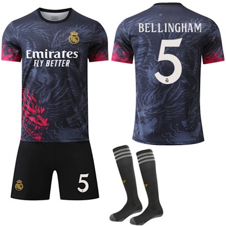 24-25 Real Madrid Dragon Pattern Special Edition Svart Rød Drakt NO.5 BELLINGHAM Trøyer Barn Voksen Fotballutstyr med Sokker