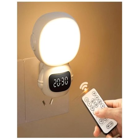 LED-nattlampa med klocka och fjärrkontroll, vit, dimbar nattlampa med timer och 3 ljuslägen, batteridriven lampa