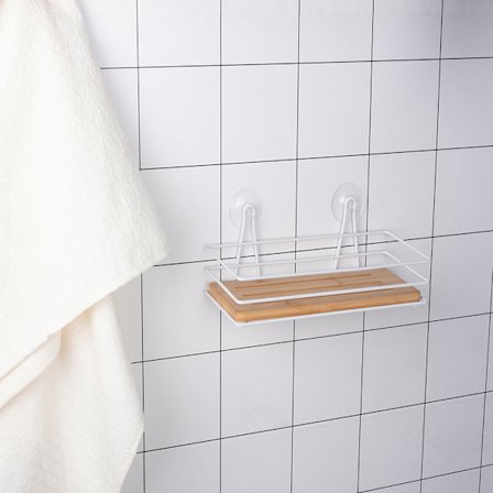 Badeværelseshylde med sugekop - Træ/Hvid