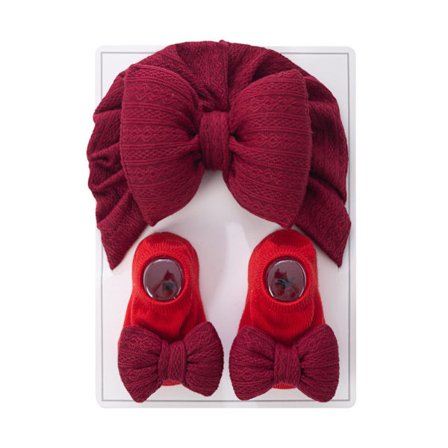 Gränsöverskridande baby halogen skydd dörr huvudduk hatt, nyfödd bomullsfylld stor rosett stickad hatt, ren bomullsstrumpset