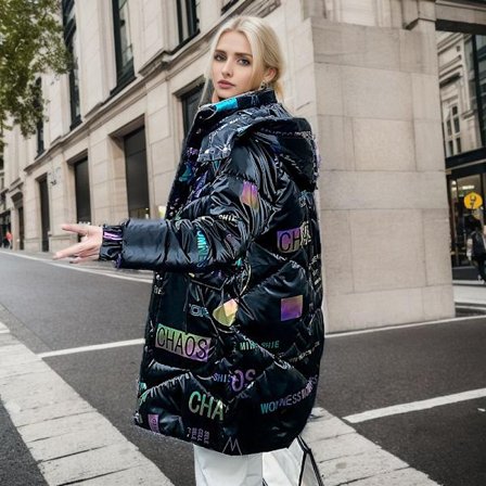 Vinterjakke for kvinner, blank ståkrage, vanntett hette dunjakke, blank overflate, ikke vask*XXXL*Svarte bokstaver