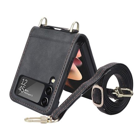 Kompatibel med Samsung Galaxy Z Flip 3 Plånboksfodral med Kortfack Rem PU Läder Crossbody Flip Cover Kvinnor svart