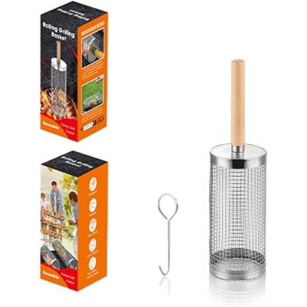 BBQ Korg -2st- 34,8 cm Rullande BBQ Korg med Krokar och Avtagbart Handtag - Utomhus Matlagningsverktyg - Portabla BBQ Tillbehör - Passar Alla