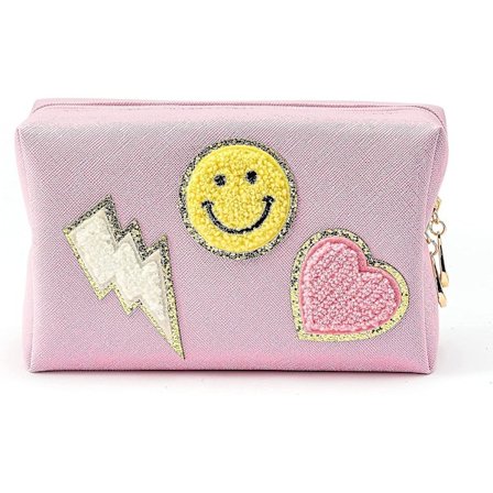 Preppy Patch Lille Toilet Taske Smil Lyn Hjerte Pu Læder Bærbar Vandtæt Makeup Kosmetik Taske Daglig Brug Opbevaringspung Rejse Organizer Comp