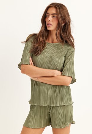 BUBBLEROOM - Pleated Frill Shorts - Light khaki green