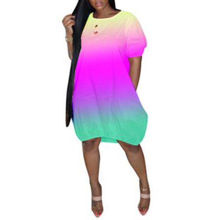 Dam Klänning Print Gradient Kort Ärm O-neck Lös Midi High