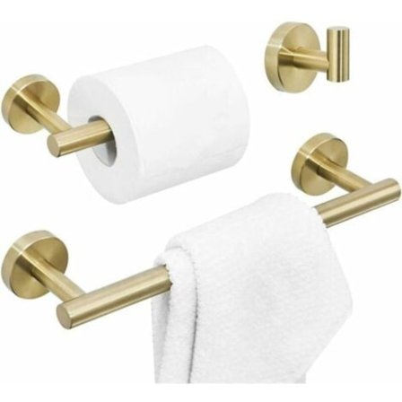 Børstet Baderomstilbehør, Gull Baderomsutstyr Sett, 3-delt Sett Inkluderer Håndklestang, Toalettpapirholder, Kleskrok, Veggmontering