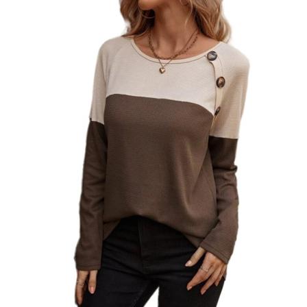 Kvinnor Långärmad Color Block Pullover Crew Neck Waffle T-shirt
