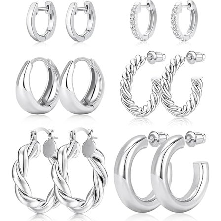 5 stk Sølv Hoop Ørepyntsett for Kvinner Sølvbelagt Chunky Hoops Twisted Huggie Hoop Ørepynt til Gave Lett