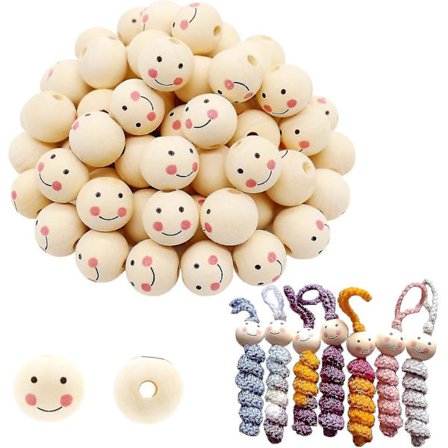 Træperler med Ansigt Pakke med 60 - Træhoveder med Ansigt 20 Mm, Træperler Naturligt Træ Håndværk Perler til Bekymringsorm, Lykkeorm, Engelhoveder, 