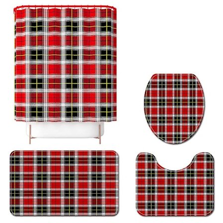 /EA/ Svart och röd rutig duschdraperi matta i fyra delar