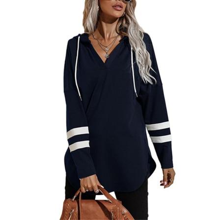 Kvinnor Hoodie Lös Dragsko Randig Tryckt Sweatshirt Skjorta Royal Blue XL