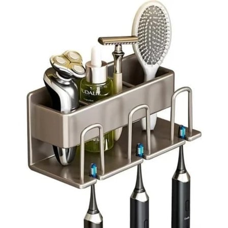 Tandborsthållare utan borrning, väggmonterad tandborsthållare, väggfäste - 3 platser med mugghållare, aluminium