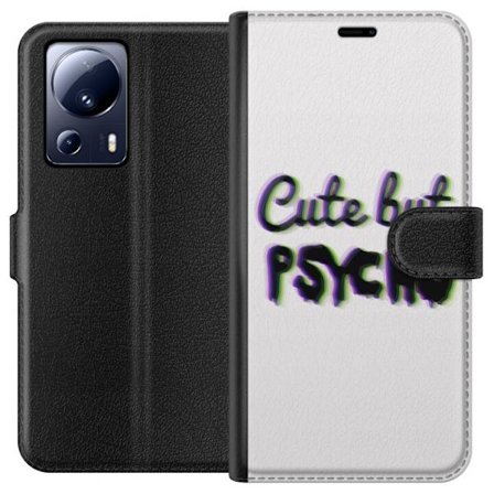 Yhteensopiva Lompakkokotelo Xiaomi 13 Lite Minimalistisk glitchtypografi med texten cute but psycho i neonliknande färgeffekt