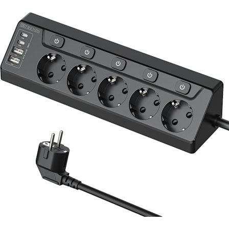 Hjørnestikdåse med 2 USB A og 2 type C stik, 5 stikdåser med enkeltkontakt, 4 USB strømskinne med 2 m forlængerkabel til skrivebord, hjørne, sort[mo]