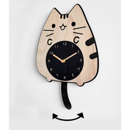 Katteure med svingende hale og øjne, træ tegneserieur, kreativt lydløst svingende vægur med kattehale, der logrer