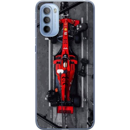 Kompatibel Gennemsigtig cover til Motorola Moto G31 F1-bil fra oven rød F1-racer i pitstop-illustration perfekt til motorsport race og fartfyldte mot