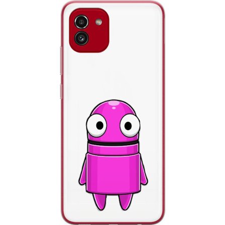 Kompatibelt Mobilskal till Samsung Samsung Galaxy A03 Rosa tecknad figur med en rund form och stora ögon på en mörk bakgrund