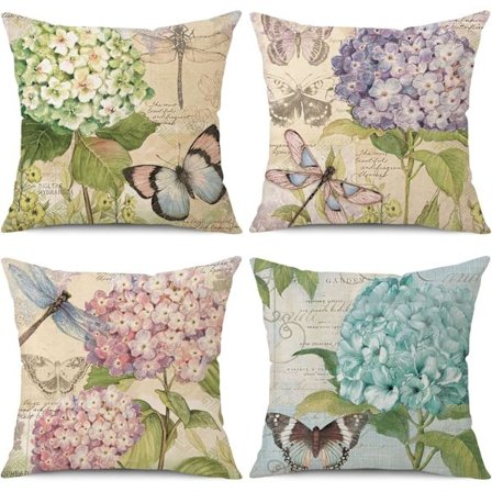 Dekorativa kuddfodral 18x18 i linne, fyrkantiga blommiga kuddfodral, set om 4