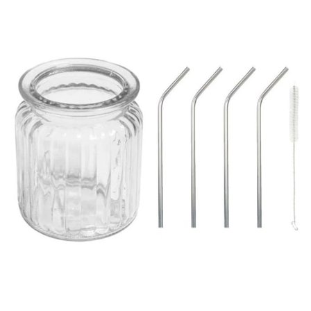 Glasbehållare med spår 270 ml + 4 sugrör i rostfritt stål