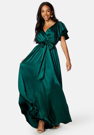 Goddiva Flutter Sleeve Satin Maxi Dress Green Klær