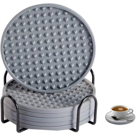 ING Silikone Coasters med Holder Pakke med 6 Glas Coasters Skridsikre og Isolerede Runde Coasters Tåler Opvaskemaskine Beskytter Enhver Type Bord Træ 