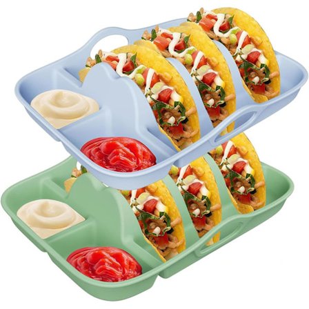 Taco Stands 10 tommer Sæt med 2 med Håndtag, Holder til Hårde & Bløde Skaller, Tåler Opvaskemaskine & Mikroovn (Grøn + Blå)