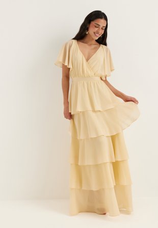 Goddiva - Flutter Chiffon Tiered Maxi Dress - Butter Yellow