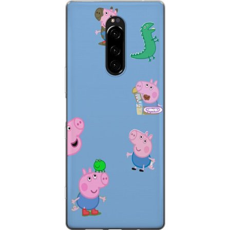 Yhteensopiva Puhelinkuori Sony Xperia 1 Peppa Pig kasvomalli vaaleansinisellä pohjalla, toistuva leikkisä lasten motiivi Greeta Possulla