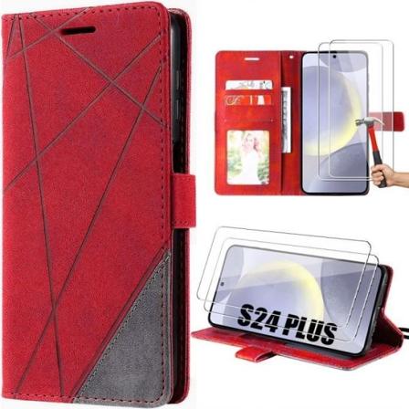 Etui til Samsung Galaxy S24 Plus (S24+) med 2 hærdede briller - Elegant etui med lædereffekt Rød