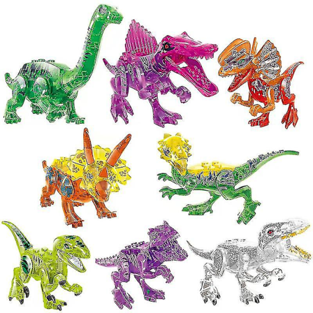 8 kpl/erä Läpinäkyvä Kristalli Dinosaurus Maailma Kokoonpano Rakennuspalikat T-rex Triceratops Raptor Tiilet Lelut Lapsille Lahja