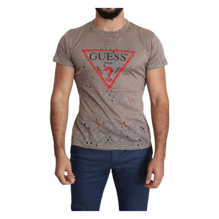 Guess, Logo Print Perforated T-shirt Brązowy, Mężczyzna, Rozmiar: L
