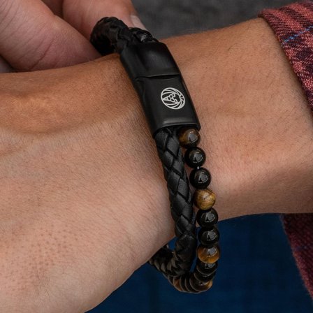 Pulsera de cuero y ojo de tigre amarillo Icon para hombres - Pulseras de perlas