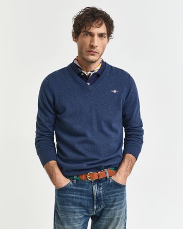 GANT Herren Klassischer V-Neck Pullover aus Baumwolle (XXL) Blau